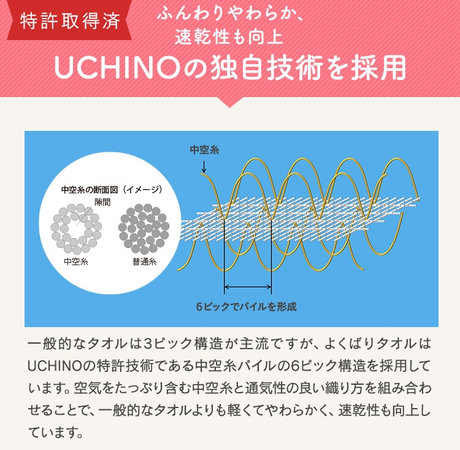 ふんわりやわらか、速乾性も向上。UCHINOの独自技術を採用。