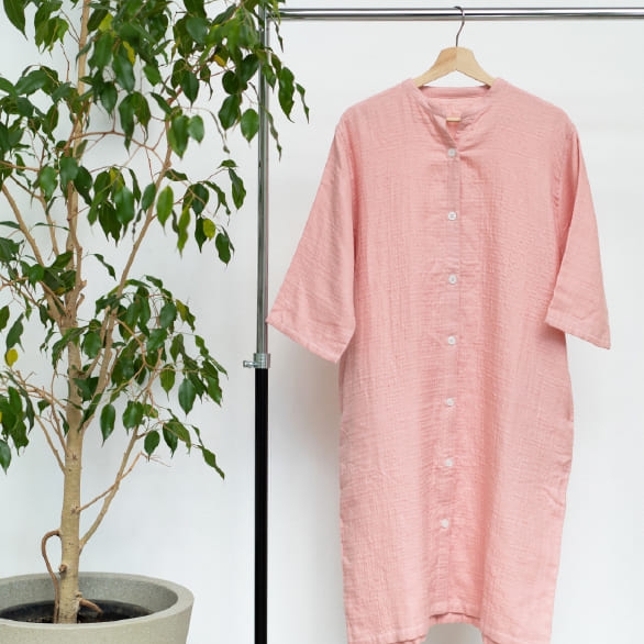 マシュマロガーゼボタン開き七分袖ワンピース